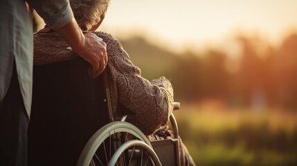 Elderly woman in wheelchair with caregiver, captured in warm lighting to highlight compassionate care.