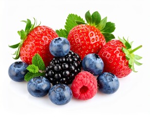 Juicy strawberries, blueberries, raspberries, and a blackberry with fresh green leaves