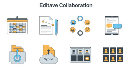 Icons representing digital collaboration tools, including a calendar, document, file sharing, communication, and team management, arranged in two rows.