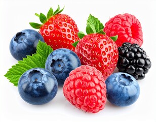 A close-up of ripe strawberries, blueberries, raspberries, and a blackberry with green leaves
