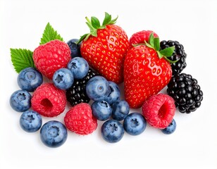 An overhead view of strawberries, blueberries, raspberries, and blackberries arranged in a neat cluster