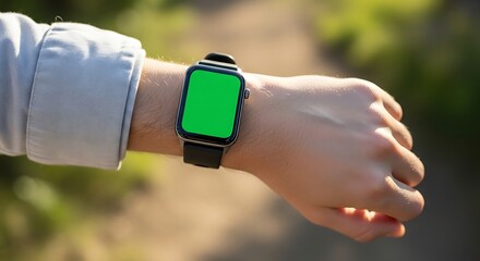 A person wearing a modern smartwatch with a blank green screen on their wrist, viewed outdoors in a natural setting.