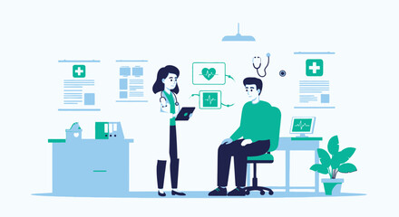 A female doctor in a white coat uses a tablet to examine a male patient sitting in a medical office.