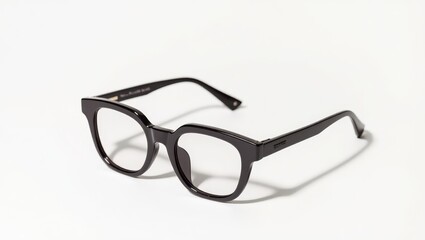 Black eyeglasses with clear lenses on a white background.