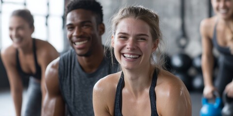 Fototapeta premium Joyful fitness group enjoying workout session in modern gym, showcasing motivation, camaraderie, and wellness through shared physical activity