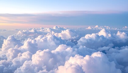 Aerial View of Fluffy Clouds in a Pastel Sky at Sunrise or Sunset