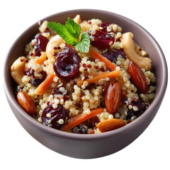 A delicious bowl of quinoa salad with assorted vegetables, nuts, and herbs, showcasing a healthy and colorful meal option for nutritious eating and culinary enjoyment.
