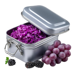 A stylish tin container filled with fresh grapes and surrounded by grapes, presenting a vibrant display of nature's sweet treats for healthy snacking and culinary inspiration.