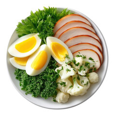 A plate of wholesome food featuring cooked eggs, broccoli, and fresh vegetables arranged artfully for a nutritious meal that celebrates healthy eating and fresh ingredients.