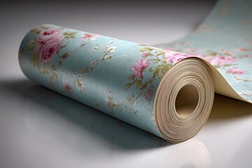Roll of light teal wallpaper with a floral design.