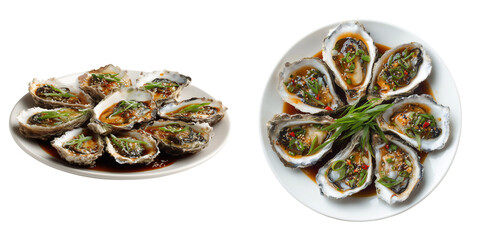 Untitled design - Set of cooked oysters arranged on a plate, Chinese food, isolated on transparent background. (2)