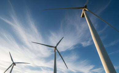 Champ d'éoliennes sous un ciel bleu et vaste
