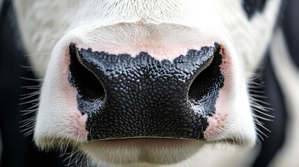 A cow muzzle with black and white fur around the nose
