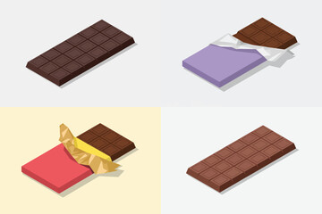 Four different chocolate bars in studio lighting with white and pastel backgrounds