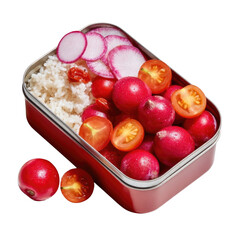 A transparent container filled with fresh radishes displaying their bright red color and crisp texture, ideal for adding to salads, dishes, or enjoying as a healthy snack option.