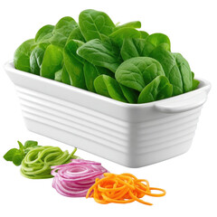 A white bowl filled with fresh spinach leaves accompanied by a generous pile of sliced red onion creating a colorful and healthy salad base perfect for any meal or diet.