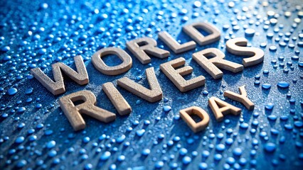 Photo of world rivers day text on a blue background with water droplets, celebrating the importance of rivers and aquatic ecosystems