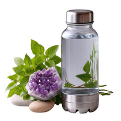 A refreshing bottle of water placed next to a beautiful flower, combining the elements of nature and hydration in a serene and inviting still life composition.