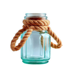 Rustic glass jar tied with twine rope evoking a vintage aesthetic perfect for storing small items or creating a charming decorative centerpiece on a wooden table.
