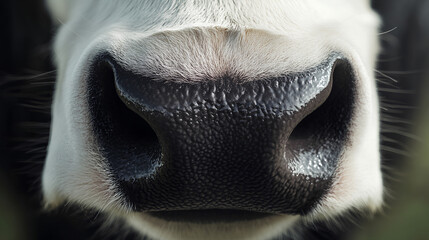 A cow muzzle with black and white fur around the nose
