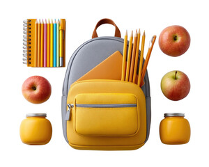 School backpack surrounded by pencils, apples, and a notebook creating a classic back-to-school scene that evokes nostalgia and preparation for learning and new adventures.