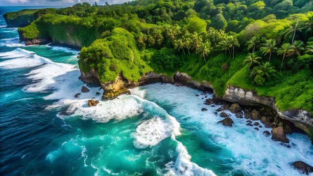 Photo of an aerial view of a dramatic tropical coastline with lush green cliffs and turquoise waves crashing onto the shore, showcasing natures raw beauty