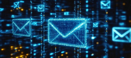 Glowing Email Envelopes Floating in Cyberspace Representing Digital Communication and Marketing