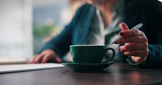 Business woman, hands or coffee with thinking at firm for legal research, case solution or planning. Lawyer, employee and pen with concentration for testimonial letter, lawsuit analysis and decision