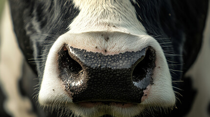 A cow muzzle with black and white fur around the nose