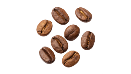 Close-Up of Roasted Coffee Beans, emphasizing rich textures and details  On a transparent background