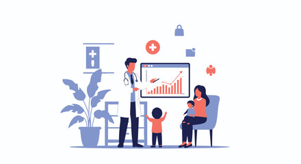 A doctor in a white coat presents a rising graph to a mother holding her baby, while a young child stands nearby in a medical setting.