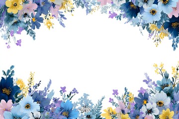 Vibrant floral design with pastel and deep blue flowers.