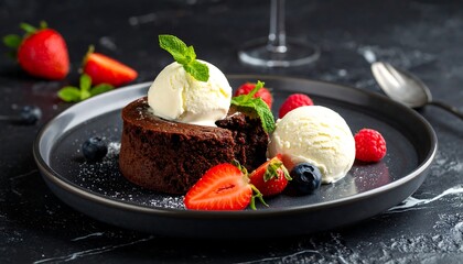 Chocolate dessert with ice cream and berries