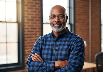 Obraz premium Confident Mature African American Man with Glasses and Arms Crossed
