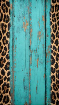 Rustic teal wood background with leopard print borders