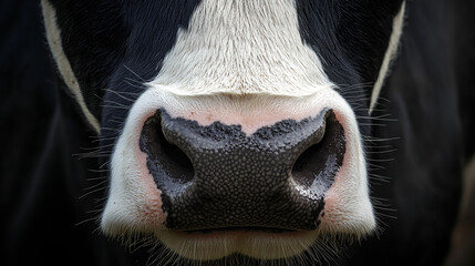 A cow muzzle with black and white fur around the nose