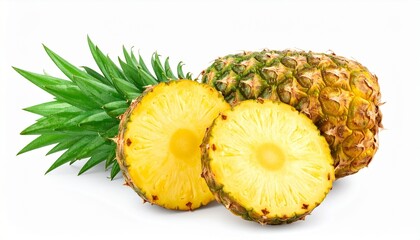 Whole pineapple with green leaves beside three juicy slices on white surface, showcasing vibrant tropical texture.