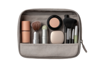 Open gray makeup bag with various cosmetics and brushes