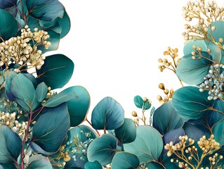 Teal and gold eucalyptus leaves and blossoms arrangement.