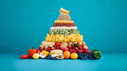 five abstract colorful food pyramids merging into one harmonious structure, representing dietary synergy.