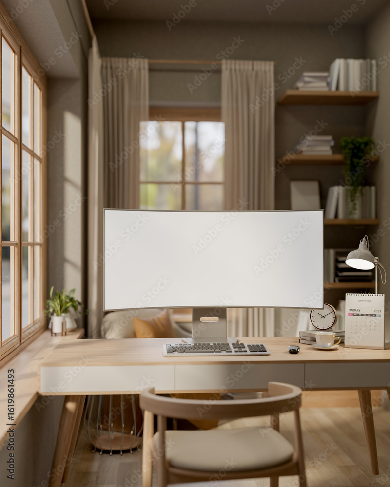 Poster white curved screen computer on wooden table in a room with bookshelf and sunlight through windows.