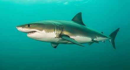 Fototapeta premium Majestic Great White Shark in Turquoise Ocean Depths