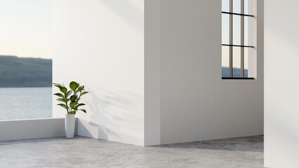 Fototapeta premium Sunlit corridor or hallway with loft cement floor alongs white wall with ceramic vase and houseplant.