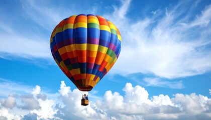 Fototapeta premium Colorful hot air balloon with striped envelope floating in clear sky with scattered clouds.