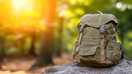 A sturdy backpack rests on a rock in a serene forest setting, illuminated by warm sunlight, This image can be used for outdoor adventure promotions, travel blogs, or hiking gear advertisements,