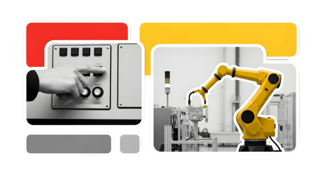Automated Future: Robotic Arm and Hand Turning Switch in Advanced Manufacturing Facility.