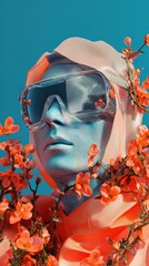 Surreal Head Sculpture Adorned with Vibrant Coral-Colored Flowers and Futuristic Goggles