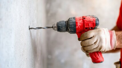 A close-up of a hand holding a red power drill against a textured wall, showing action in home improvement or construction, Ideal for illustrating DIY projects, renovations, or tool advertisements,