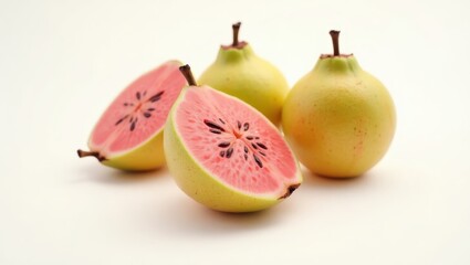 Pink and yellow fruit halves arranged on a white surface.