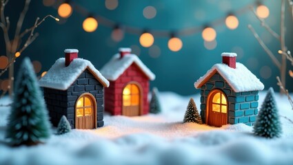 Three small, snow-covered houses with warm interior light, nestled in a winter scene.